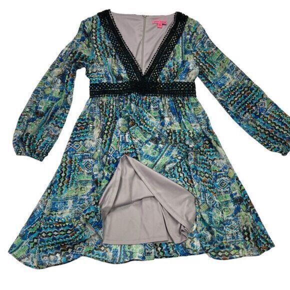 Betsey Johnson Dress Womens 6 Blue Green Black Crochet Trim Boho Whimsigoth Midi - Picture 7 of 16